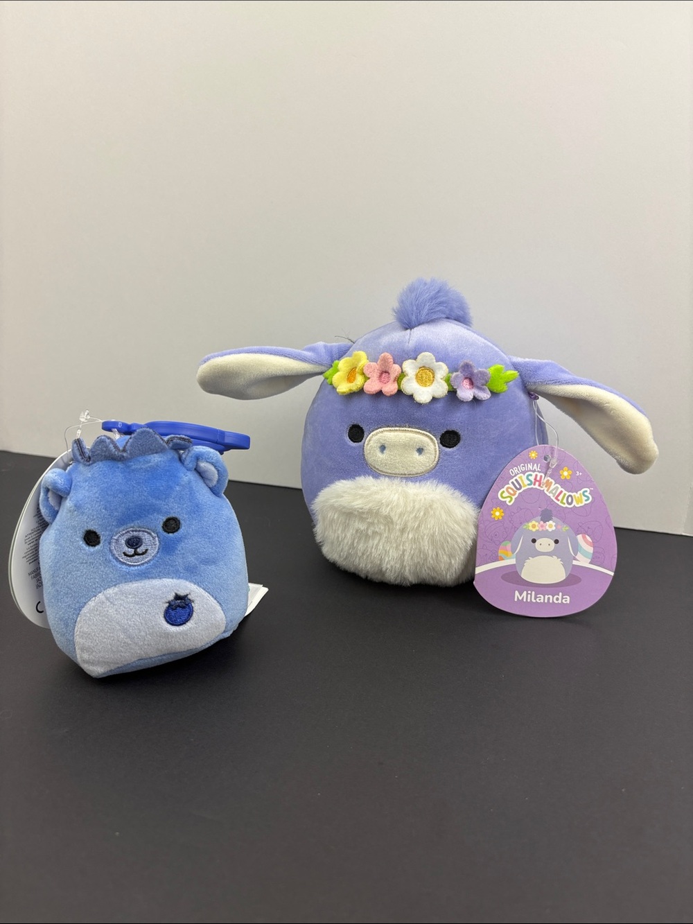 2 Squishmallows Purple Milada Donkey Plush & Blueberry Bear Brunswick Clip-On